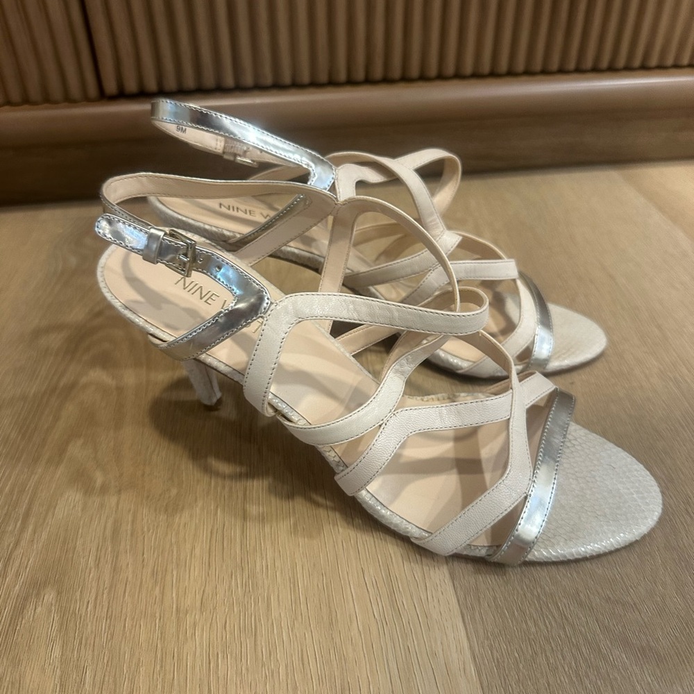 Nine West Metallic Silver and Cream Heels